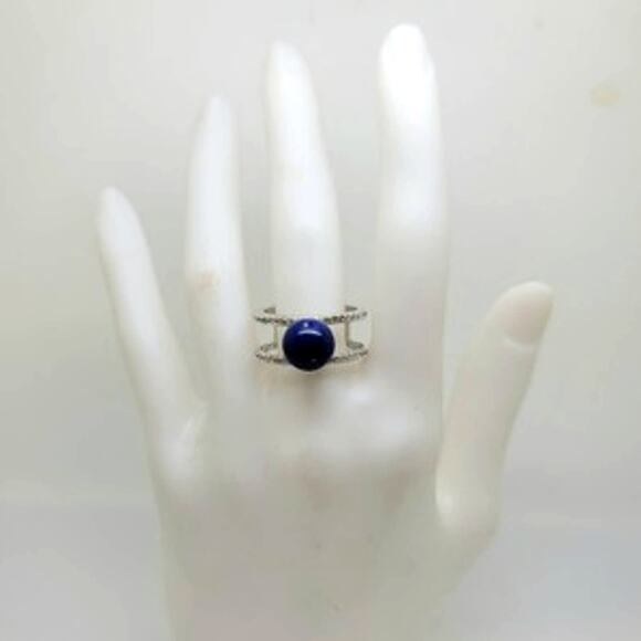 New Lapis Lazuli Round Bead Set Negative Space Diamond Simulant Ring Sz 9.5 - Picture 3 of 4
